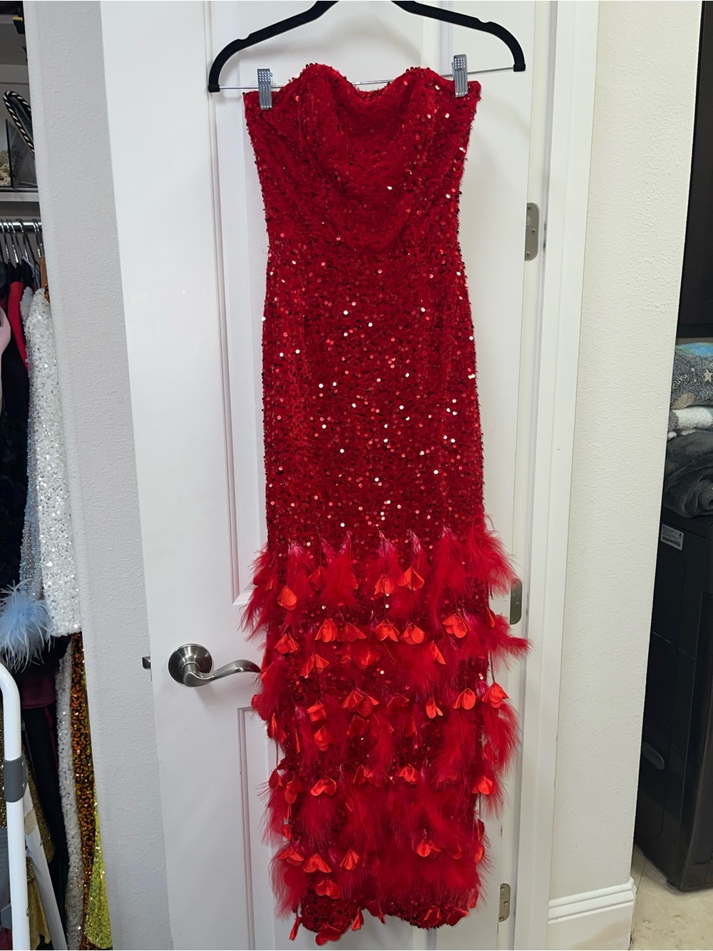 Helsi Strapless Red Sequin Gown with Feathered Hem